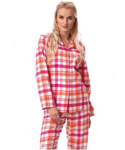 Жіноча класична піжама / домашній комплект із теплої фланелі в червону клітку: штани з кишенями та кофта з коміром та застібкою на ґудзиках Key LNS 437 B23