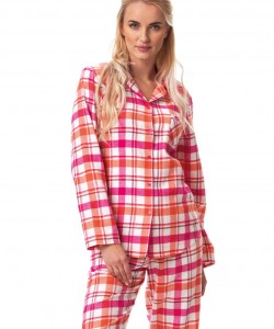 Жіноча класична піжама / домашній комплект із теплої фланелі в червону клітку: штани з кишенями та кофта з коміром та застібкою на ґудзиках Key LNS 437 B23