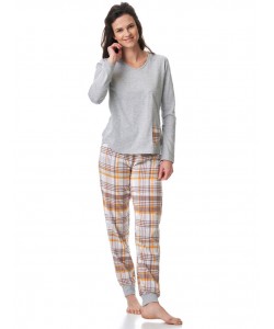Жіноча бавовняна піжама / домашній комплект: трикотажна меланжева кофта та фланелеві штани в клітку з кишенями Key LNS 458 B23