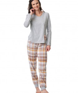 Жіноча бавовняна піжама / домашній комплект: трикотажна меланжева кофта та фланелеві штани в клітку з кишенями Key LNS 458 B23 Жіноча бавовняна піжама / домашній комплект: трикотажна меланжева кофта та фланелеві штани в клітку з кишенями Key LNS 458 B23