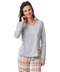 Жіноча бавовняна піжама / домашній комплект: трикотажна меланжева кофта та фланелеві штани в клітку з кишенями Key LNS 458 B23