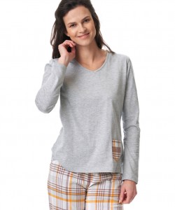 Жіноча бавовняна піжама / домашній комплект: трикотажна меланжева кофта та фланелеві штани в клітку з кишенями Key LNS 458 B23