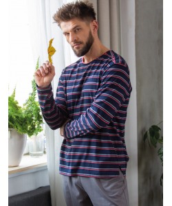 Чоловіча бавовняна піжама / домашній комплект: синя кофта в смужку та сірі штани з кишенями Key MNS 038 B23