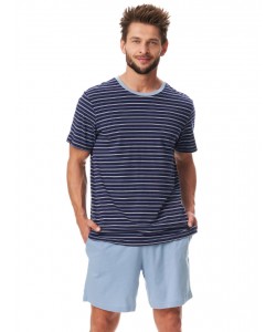 Чоловіча піжама / домашній комплект з м'якої бавовни: смугаста футболка та однотонні шорти з кишенями Key MNS 382 A23