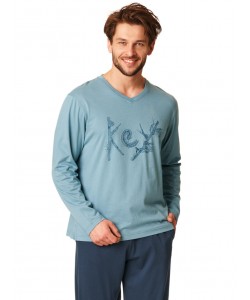 Чоловіча бавовняна піжама / домашній комплект синього кольору: кофта з довгими рукавами та штани з кишенями Key MNS 861 B22