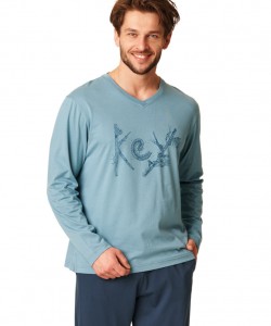 Чоловіча бавовняна піжама / домашній комплект синього кольору: кофта з довгими рукавами та штани з кишенями Key MNS 861 B22