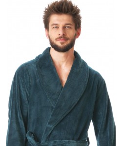 Довгий чоловічий халат із оксамитового велюру зеленого кольору з шалевим коміром Key MGL 208 B23