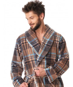 Довгий чоловічий халат з оксамитового велюру в клітку з шалевим коміром Key MGL 421 B23